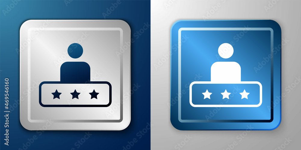 White Taxi service rating icon isolated on blue and grey background. Silver and blue square button. Vector White Taxi service rating icon isolated on blue and grey background. Silver and blue square button. Vector