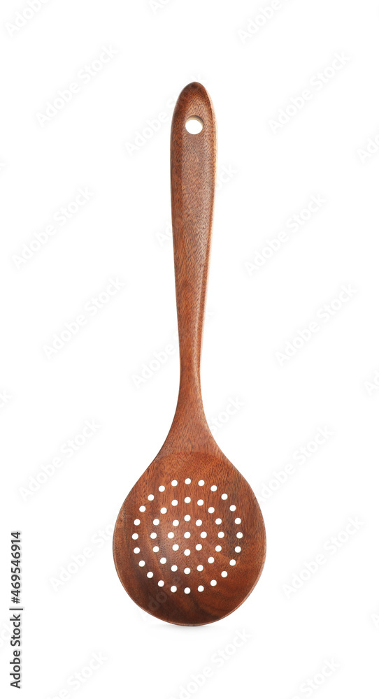 Wooden skimmer isolated on white. Kitchen utensil