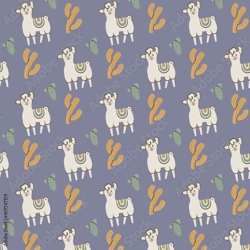 Cute lama with cactuses seamless pattern. Vector illustration of a baby and children. Child drawing style alpaca. Design for fabric, wallpaper, textiles and decor.