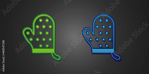 Green and blue Oven glove icon isolated on black background. Kitchen potholder sign. Cooking glove. Vector