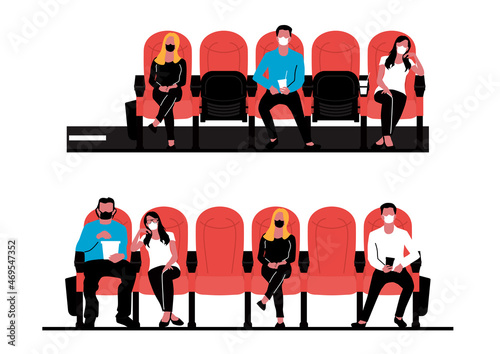People wearing protective masks sitting in the cinema. Flat vector.