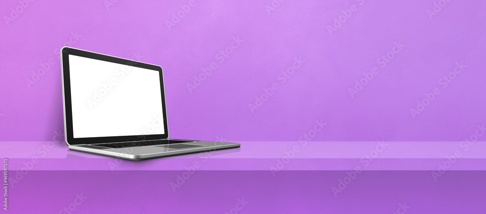 Laptop computer on purple shelf background banner Laptop computer on purple shelf background banner
