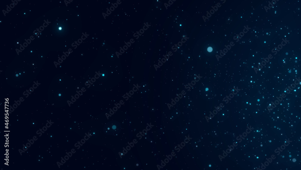 Dust particles moving in space. Abstract blue cosmic background. 3d rendering.