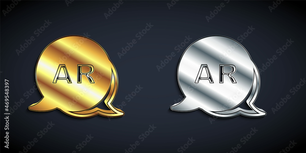 Gold and silver Augmented reality AR icon isolated on black background. Virtual futuristic wearable devices. Long shadow style. Vector Gold and silver Augmented reality AR icon isolated on black background. Virtual futuristic wearable devices. Long shadow style. Vector