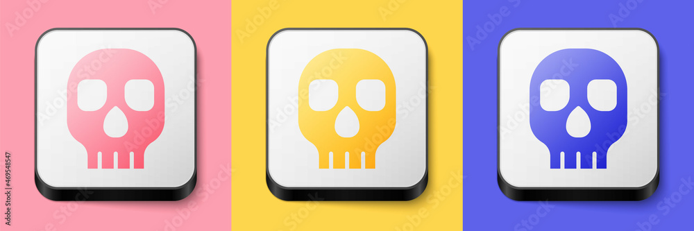 Isometric Skull icon isolated on pink, yellow and blue background. Happy Halloween party. Square button. Vector Isometric Skull icon isolated on pink, yellow and blue background. Happy Halloween party. Square button. Vector