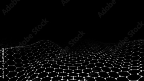 Abstract hexagon black wave with moving dots and lines. Flow of particles. Cyber technology illustration. Vector illustration. © estar 2020