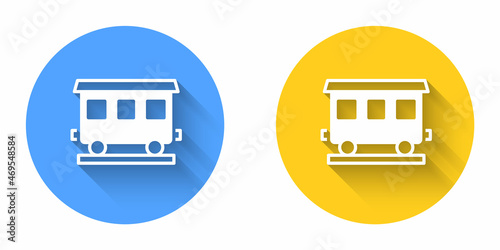 White Passenger train cars icon isolated with long shadow background. Railway carriage. Circle button. Vector