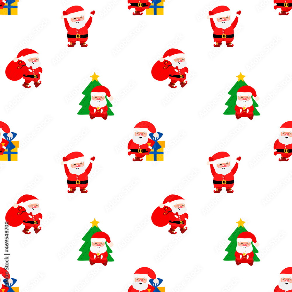 Christmas vector pattern with cute Santa Claus, Christmas tree and Christmas tree toys in cartoon style. Festive pattern for gifts, jewelry, wrapping paper, banners
