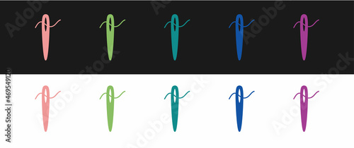 Set Needle for sewing with thread icon isolated on black and white background. Tailor symbol. Textile sew up craft sign. Embroidery tool. Vector
