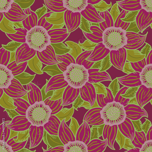 Abstract poinsettia flower vector seamless pattern. Festive green burgundy background with hand drawn flowers and leaves. Overlapping plant motifs in seasonal colors. Textural repeat for winter © Gaianami Design
