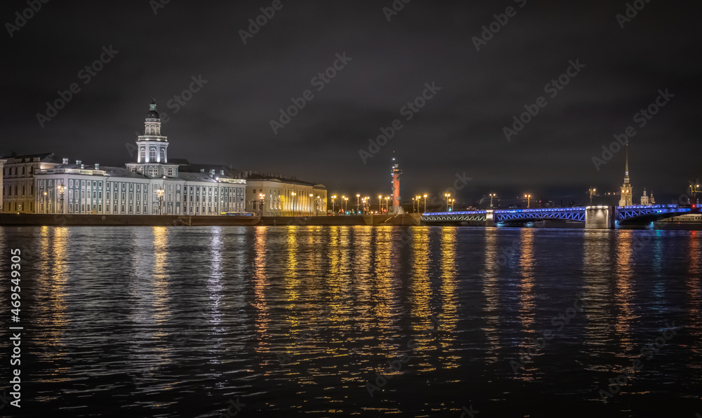View of the Neva River, Palace Bridge. St. Petersburg. Russia. Night. Autumn