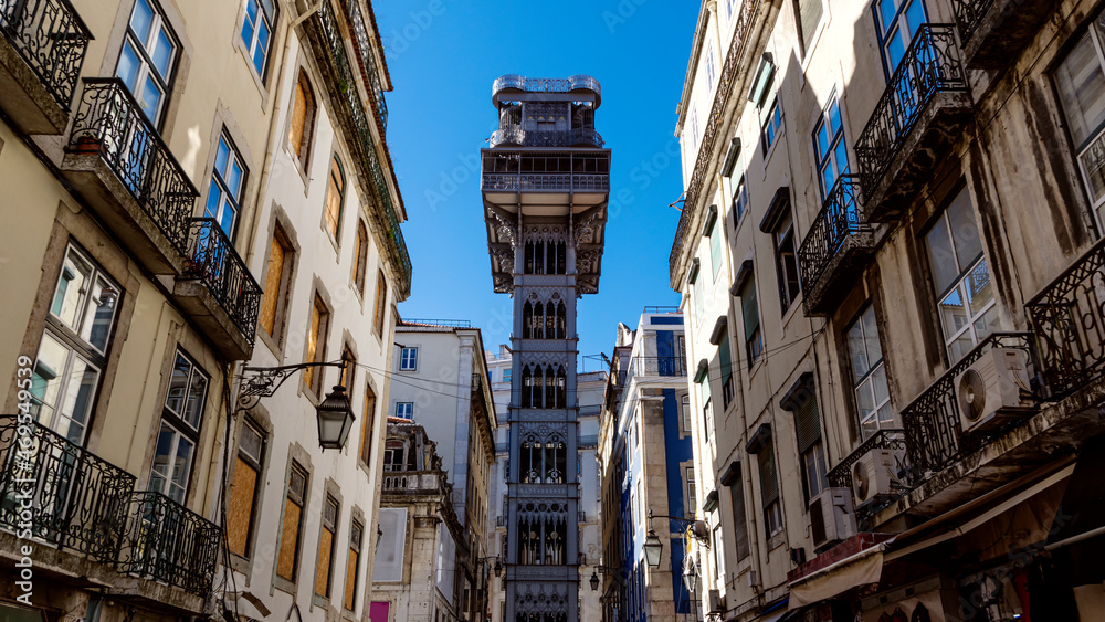 City centre of Lisbon, street leading to the iconic Santa Justa Lift