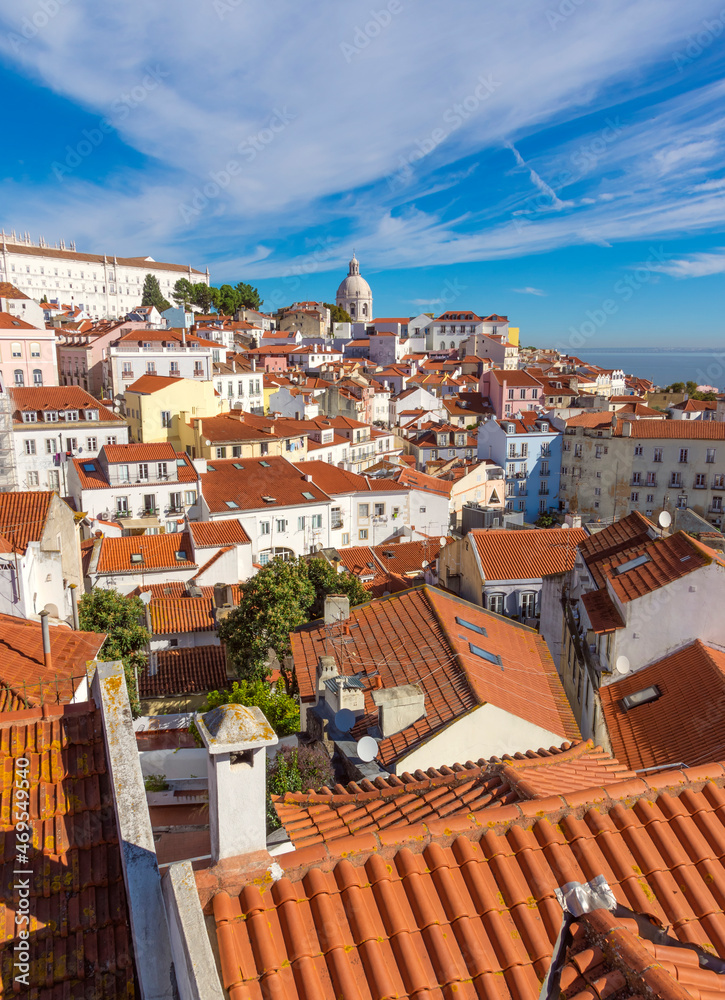 Rooftops of Lisbon leading to church tower