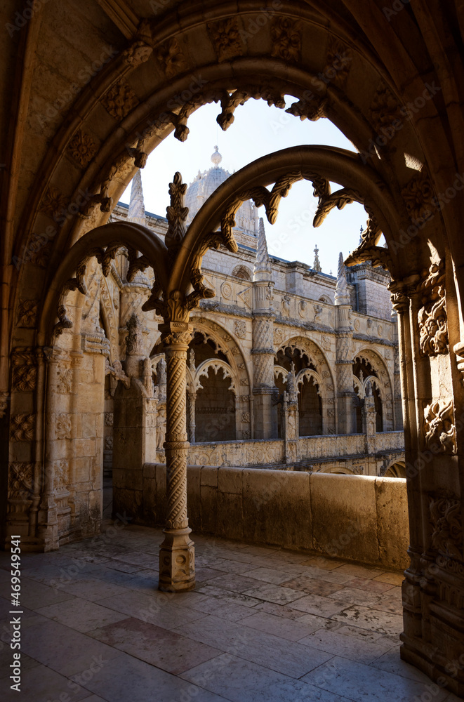 Part of historic courtyard of Hieronymites Monastery in Belem, Lisbon, Portugal, November 09, 2021