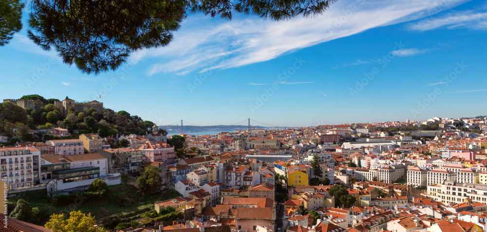 View on Lisbon showing city center and São Jorge Castle on a hill on the left
