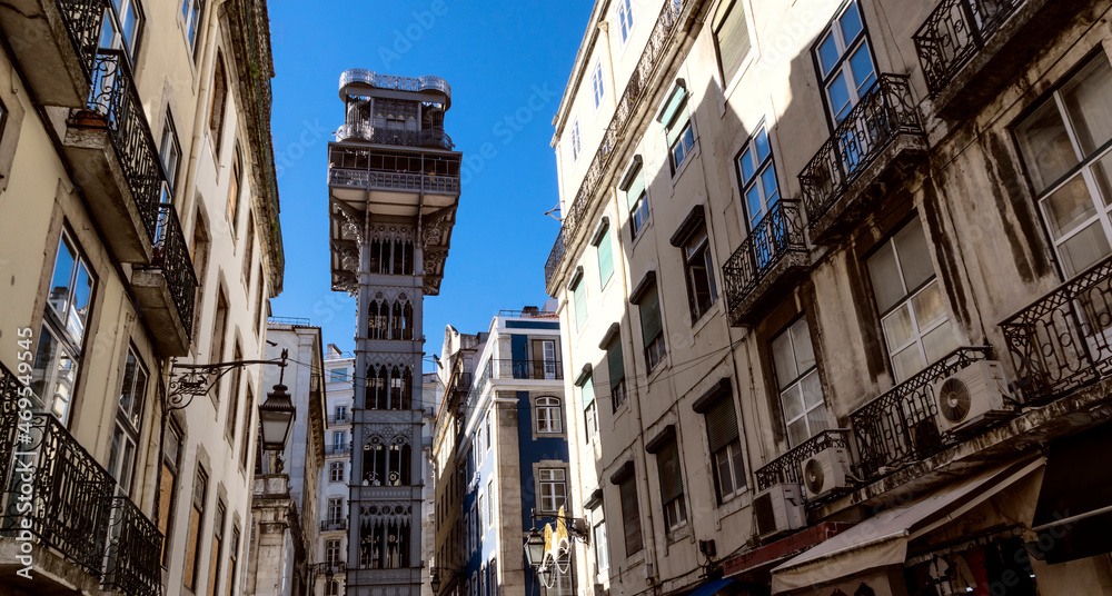 City centre of Lisbon, street leading to the iconic Santa Justa Lift City centre of Lisbon, street leading to the iconic Santa Justa Lift