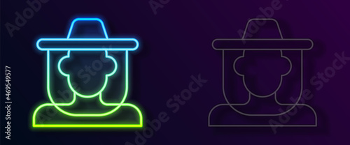 Glowing neon line Beekeeper with protect hat icon isolated on black background. Special protective uniform. Vector