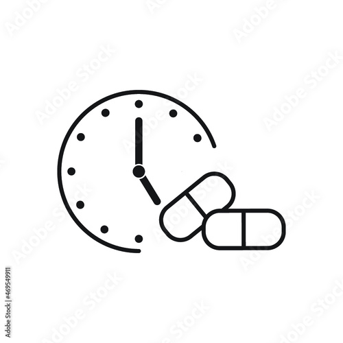 time taking dose medication icon, hour pills treatment, ingestion tablets reminder, thin line symbol on white background
