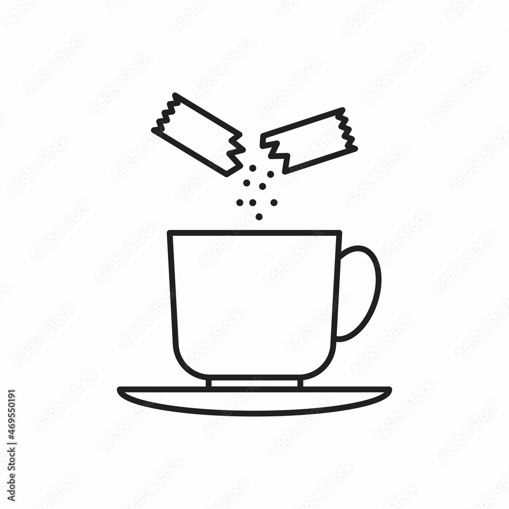 sachet sugar throw in cup, icon, coffee or tea, thin line symbol on white background sachet sugar throw in cup, icon, coffee or tea, thin line symbol on white background