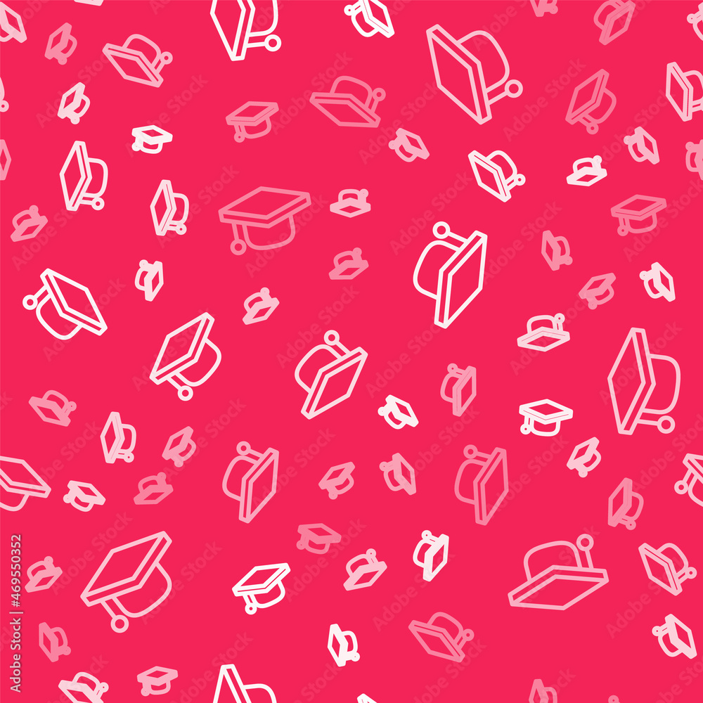 White line Graduation cap icon isolated seamless pattern on red background. Graduation hat with tassel icon. Vector White line Graduation cap icon isolated seamless pattern on red background. Graduation hat with tassel icon. Vector