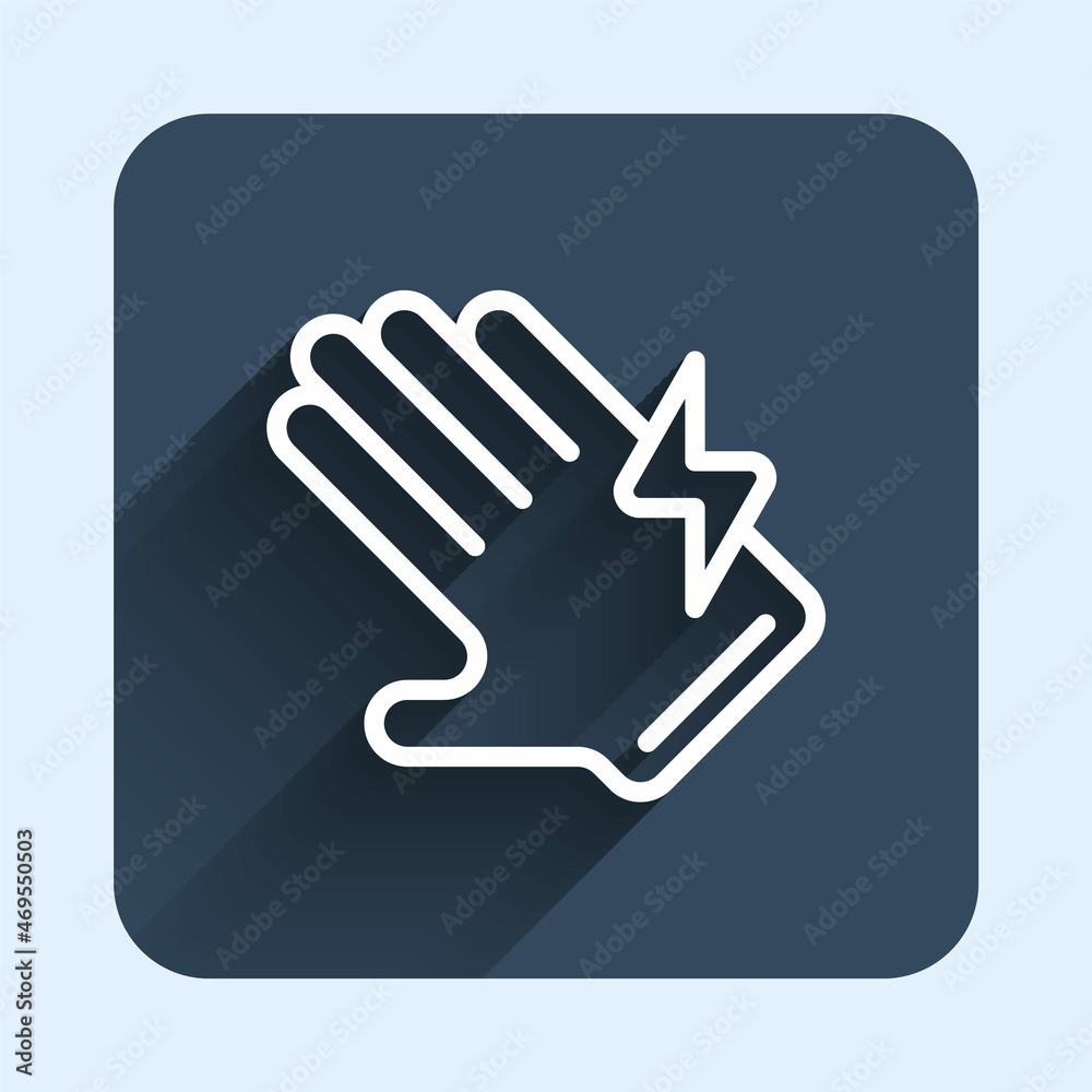 White line Electric glove icon isolated with long shadow background. Safety gloves, hand protection. Blue square button. Vector White line Electric glove icon isolated with long shadow background. Safety gloves, hand protection. Blue square button. Vector