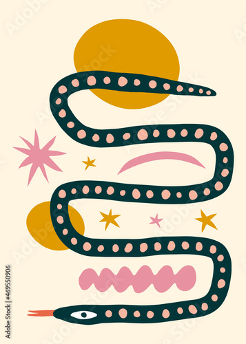 Childish style snake boho naive funky handdrawn art style vector illustration