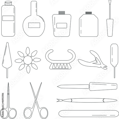 Set of linear icons for manicure on a white background. Nail care tools. Vector illustration.