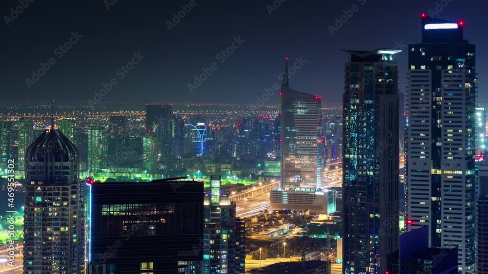 night dubai marina main traffic road light roof top panorama 4k time lapse uae night dubai marina main traffic road light roof top panorama 4k time lapse uae