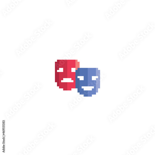 Comedy and tragedy theater masks pixel icon. Element design for logo, stickers, web, embroidery and mobile app. Isolated vector illustration. 8-bit sprite.