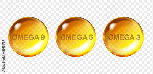 Omega 3 Omega 6 Omega 9 Polyunsaturated acids pill. Fish oil capsules of vitamin Vector realistic 3d illustration