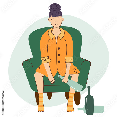 Depressed sad young woman drinking alone. Alcohol abuse and depression problem of female. Girl sitting with bottles.   Woman alcoholism social problem. Drinking is cause of nervous stress.