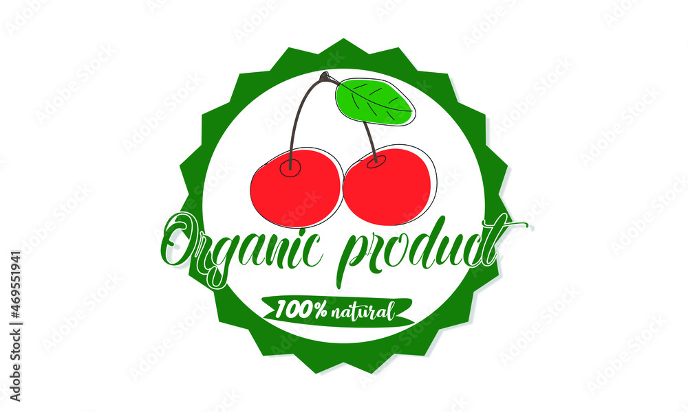 The logo of 100% natural organic product is cherry. The sign is suitable for packaging, eco organic product, business, food label design. The logo of 100% natural organic product is cherry. The sign is suitable for packaging, eco organic product, business, food label design.