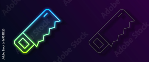 Glowing neon line Hand saw icon isolated on black background. Vector