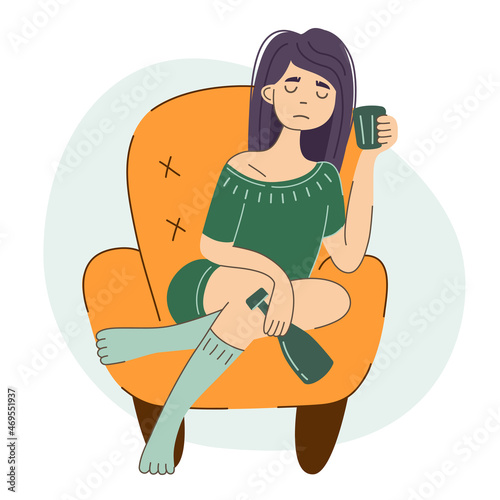 Depressed sad young woman drinking alone. Alcohol abuse and depression problem of female. Girl sitting with bottle and glass. Woman alcoholism social problem. Drinking is cause of nervous stress.