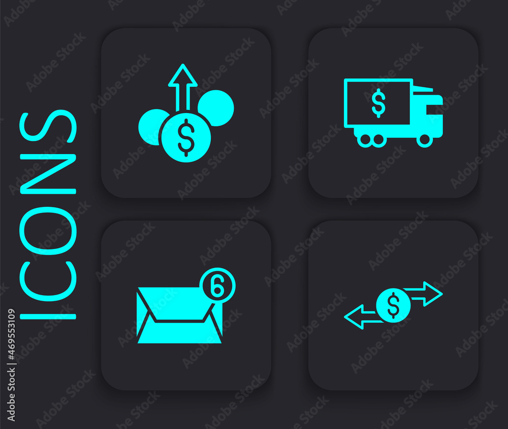 Set Money exchange, Financial growth dollar, Armored truck and Mail and e-mail icon. Black square button. Vector