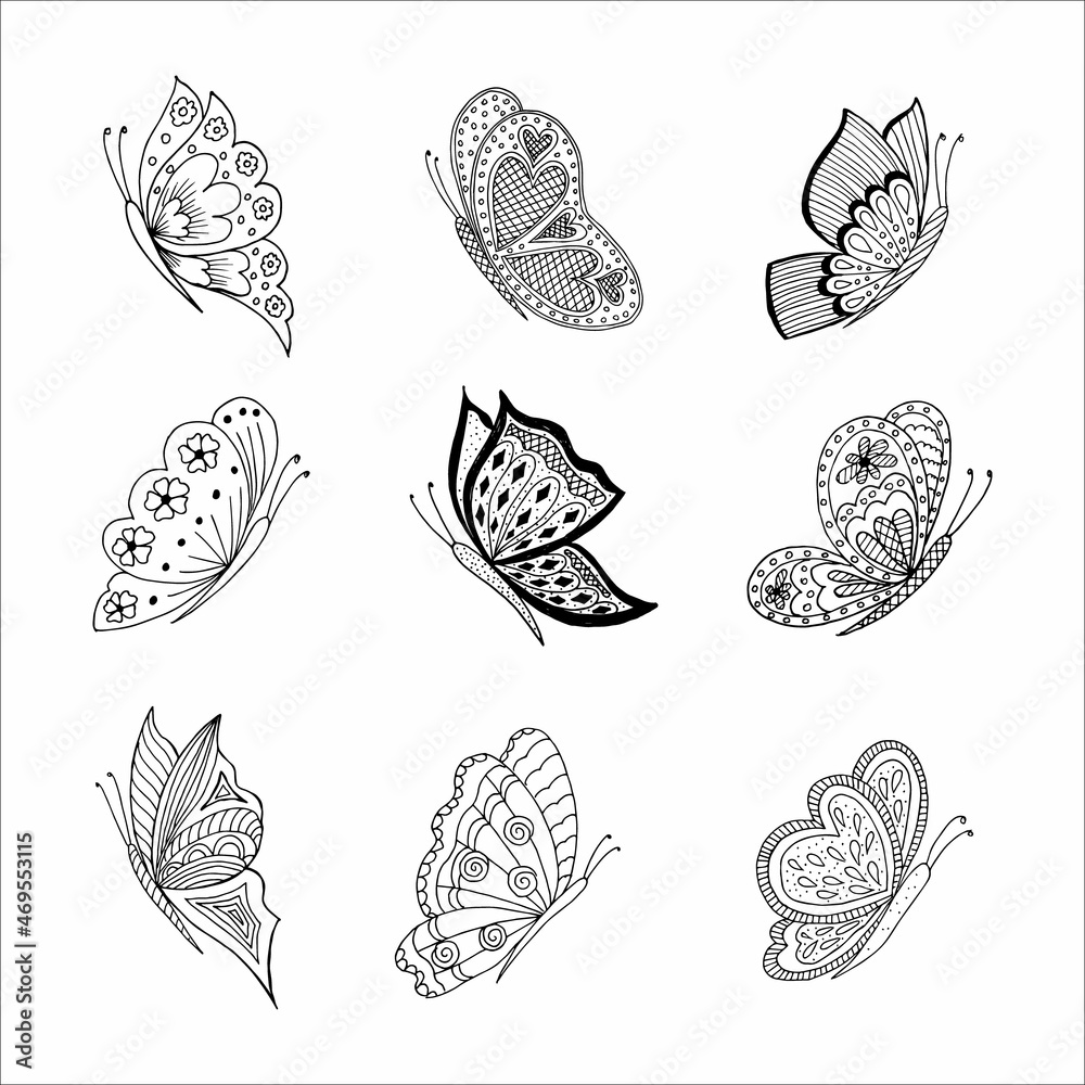 Set of hand-drawn butterfly doodle elements for coloring, invitation, postcard. Black and white vector image