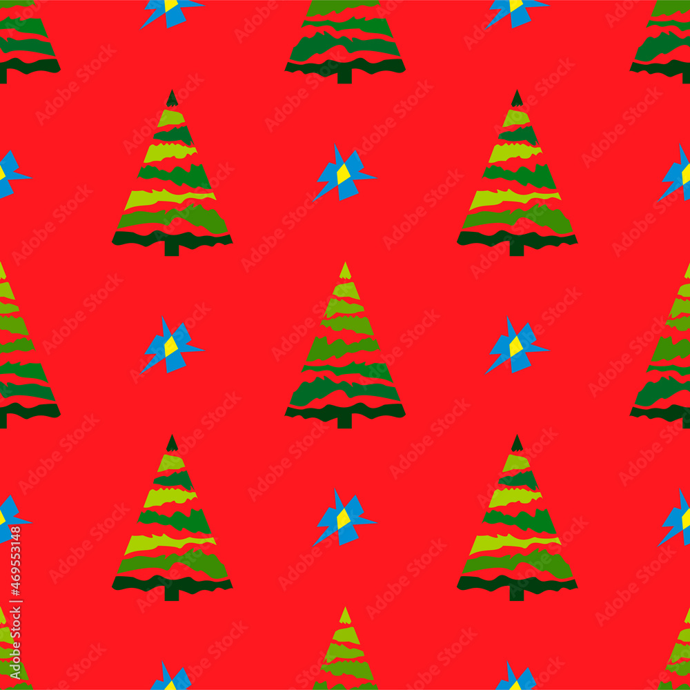 Obraz premium Seamless Christmas pattern with decorative Christmas trees. Green Christmas trees on a red background. Vector illustration
