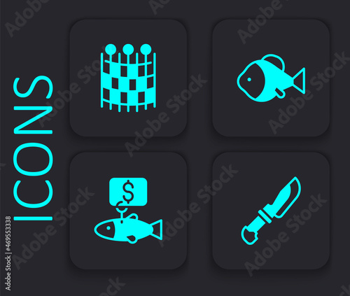 Set Knife, Fishing net pattern, and Price tag for fish icon. Black square button. Vector