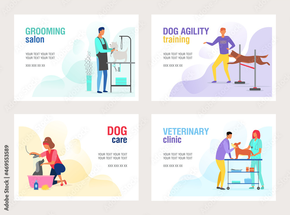 Pet care concept set of business card templates for grooming salon, dog agility, dog care, veterinary clinic. Love and care for your pet. Vector flat cartoon illustration. Pet care concept set of business card templates for grooming salon, dog agility, dog care, veterinary clinic. Love and care for your pet. Vector flat cartoon illustration.