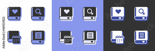 Set Book, Romance book, Daily paper notepad and about women icon. Vector