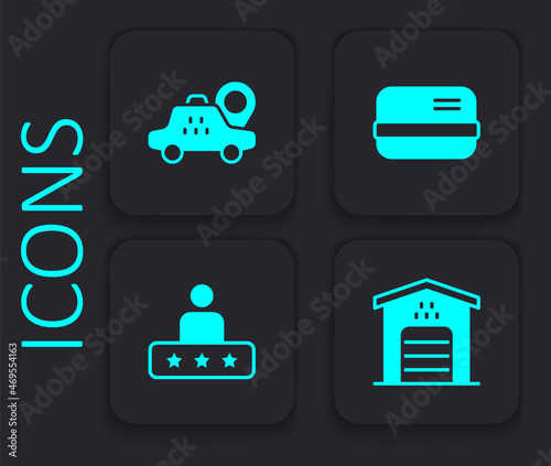 Set Garage for taxi car, Location, Credit card and Taxi service rating icon. Black square button. Vector
