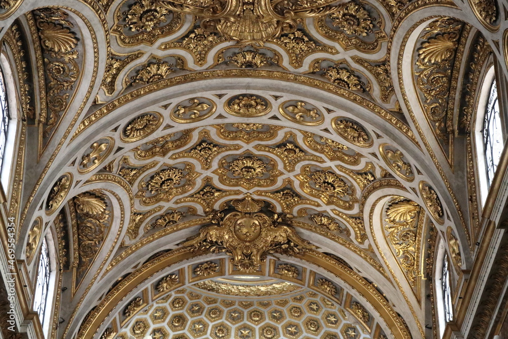 San Luigi dei Francesi Church White and Golden Sculpted Vault Detail in Rome, Italy