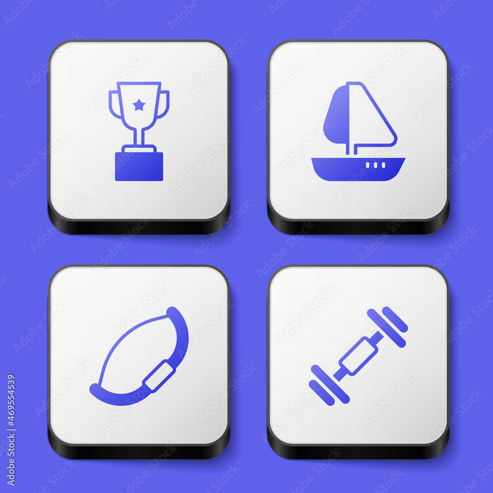 Set Award cup, Yacht sailboat, Medieval bow and Dumbbell icon. White square button. Vector Set Award cup, Yacht sailboat, Medieval bow and Dumbbell icon. White square button. Vector