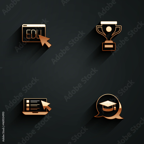 Set Online education, Award cup, quiz, test, survey and Graduation cap speech bubble icon with long shadow. Vector