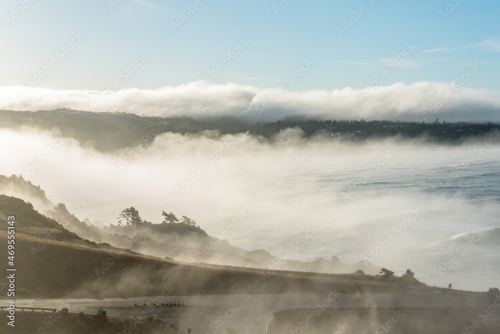 Scenic fogy shoreline in the early morning, Yaquina head in Oregon