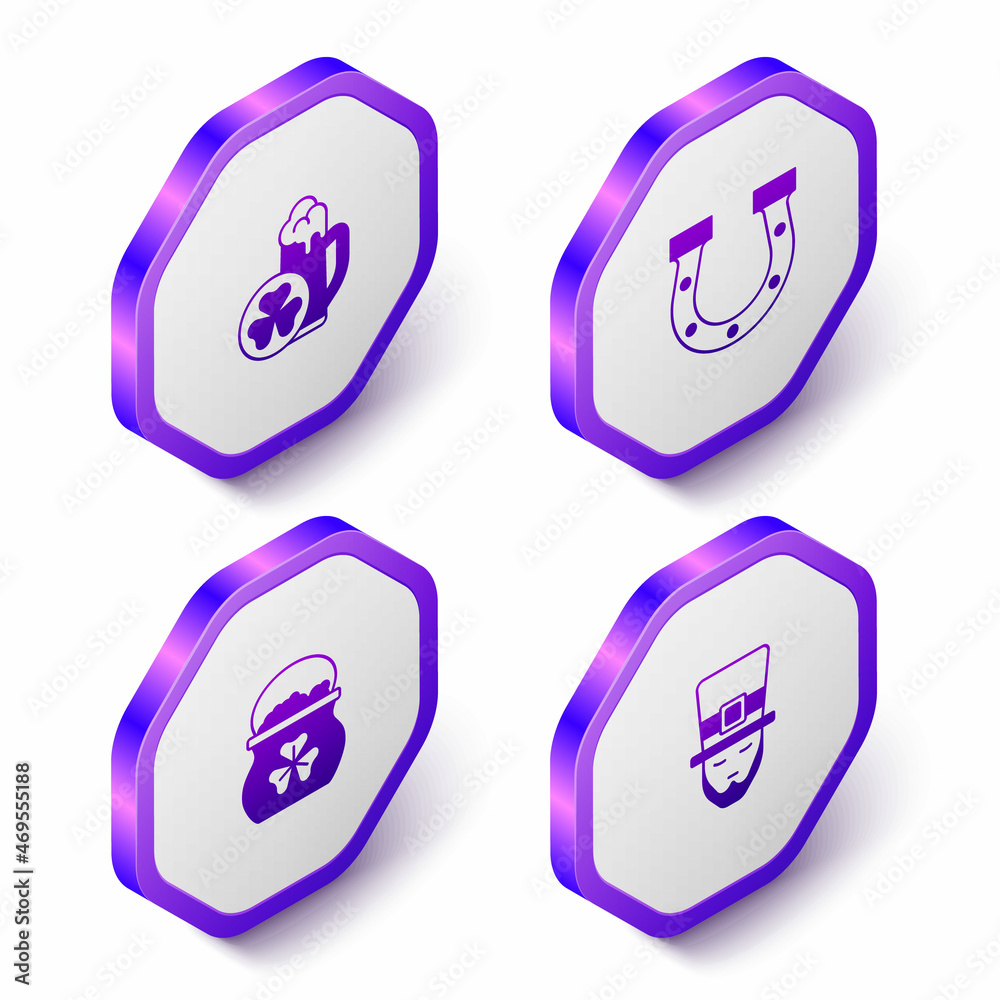 Set Isometric Glass of beer, Horseshoe, Pot gold coins and Leprechaun icon. Purple hexagon button. Vector Set Isometric Glass of beer, Horseshoe, Pot gold coins and Leprechaun icon. Purple hexagon button. Vector