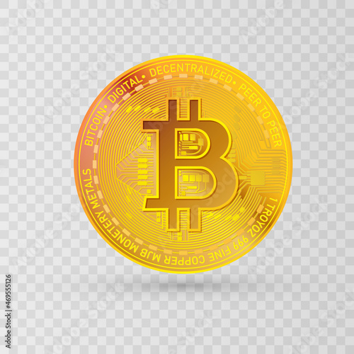 Bitcoin gold coin. Bitcoin cryptocurrency symbol isolated on bright background with bright rays of light.Realistic vector illustration.