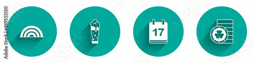 Set Rainbow, Glass of beer, Saint Patricks day with calendar and Golden leprechaun coin icon with long shadow. Vector