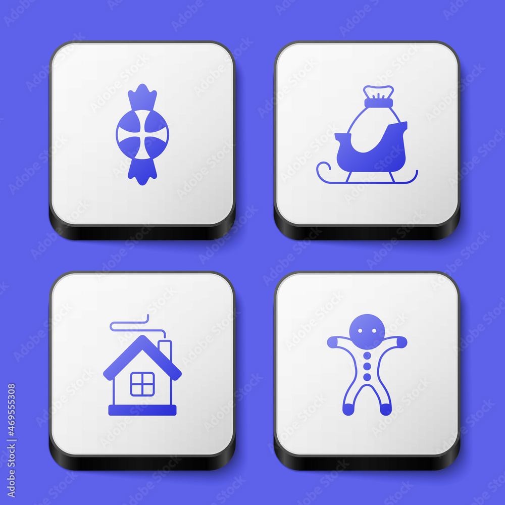Set Candy, Christmas santa claus sleigh, Merry house and Holiday gingerbread man cookie icon. White square button. Vector Set Candy, Christmas santa claus sleigh, Merry house and Holiday gingerbread man cookie icon. White square button. Vector