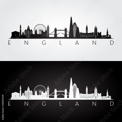 England skyline and landmarks silhouette, black and white design, vector illustration.